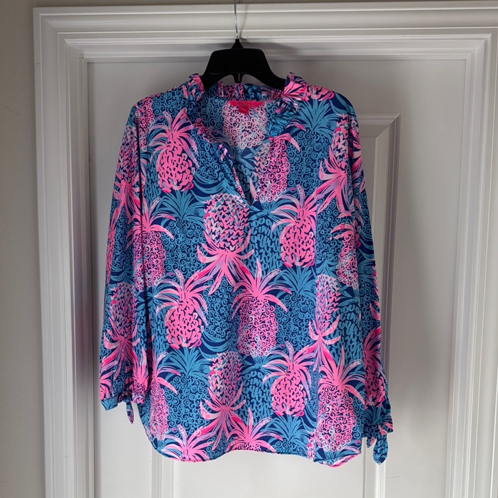 Lilly Pulitzer Vibrant Pink and Blue Patterned Blouse